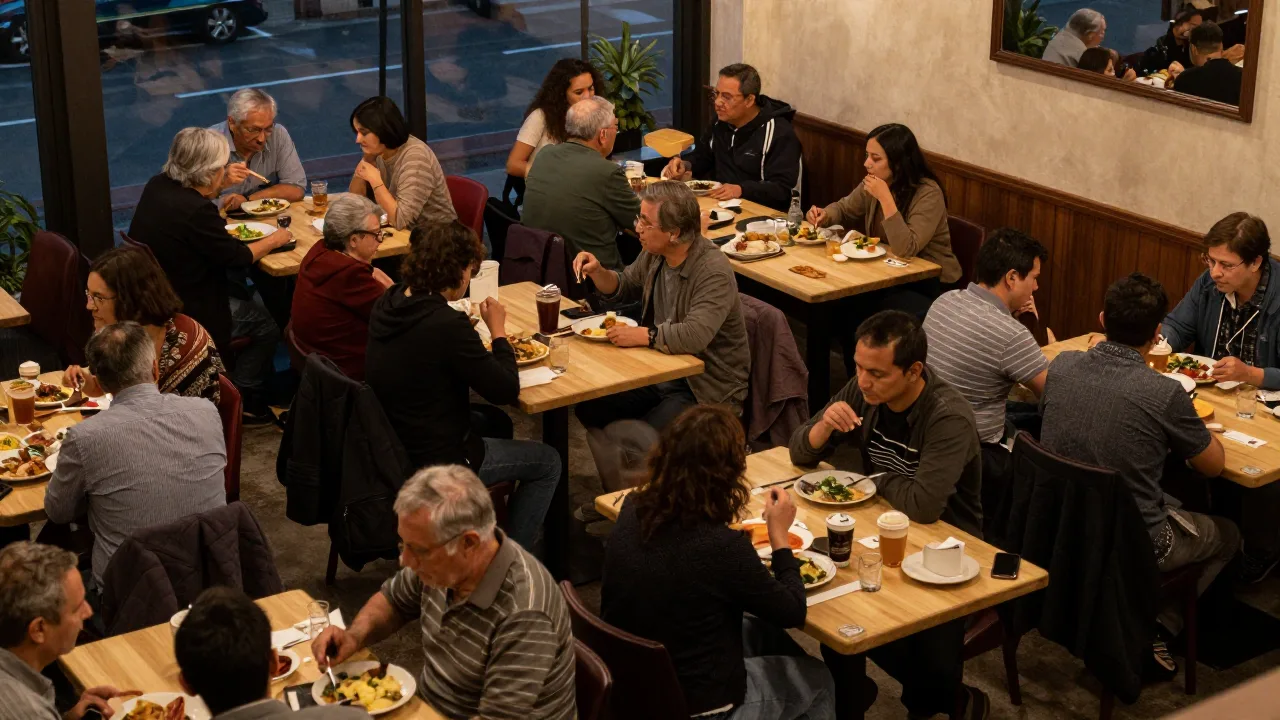 Busy casual dining room viewed from a mezzanine with groups of regular guests at several tables in warm evening light