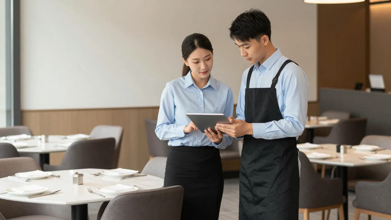Restaurant manager and server reviewing a tablet together during a quiet pre-shift moment in an empty dining room
