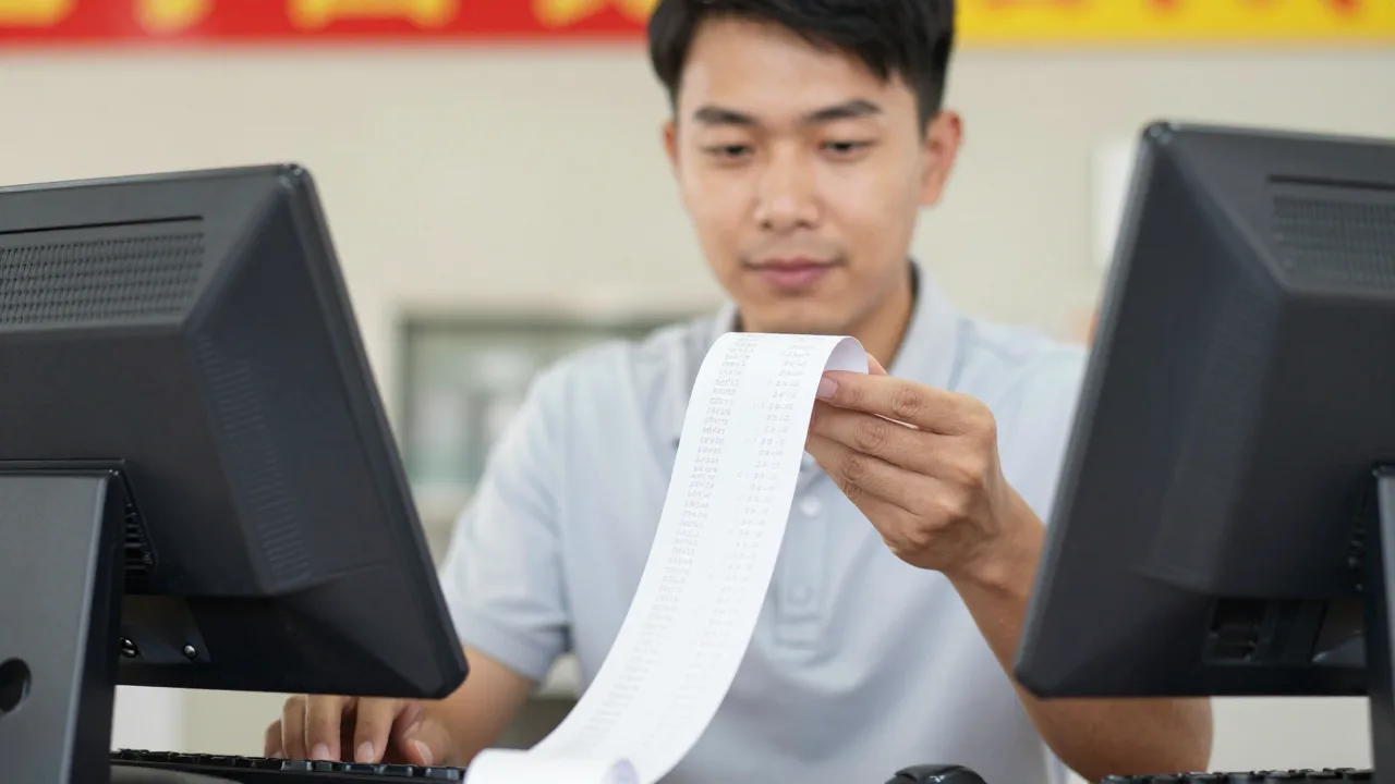 Restaurant manager reviewing a long printed receipt roll beside a POS terminal at a service station