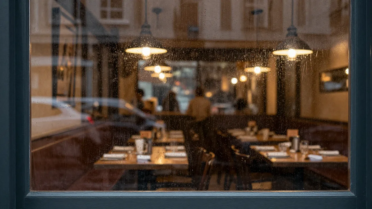 Rain streaking down a restaurant window with a half-full dining room reflected in the glass on a grey afternoon