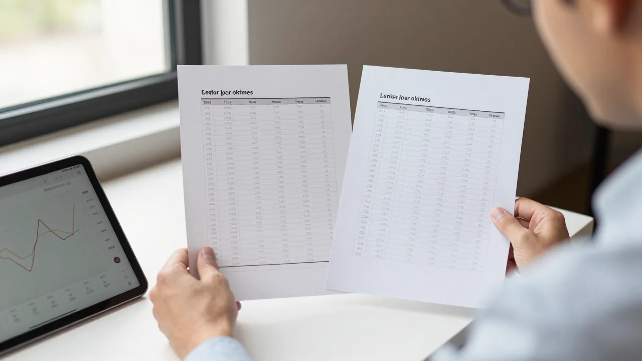 Restaurant owner comparing two printed sales reports side by side at a booth table with a tablet showing trend lines nearby